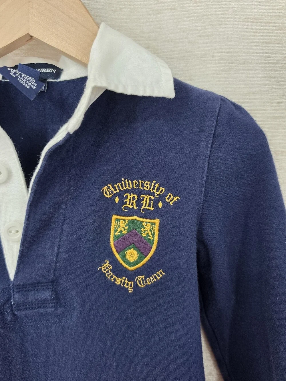 Ralph Lauren Vintage Navy Long-Sleeve Polo Dress with Crest Ruffle Hem